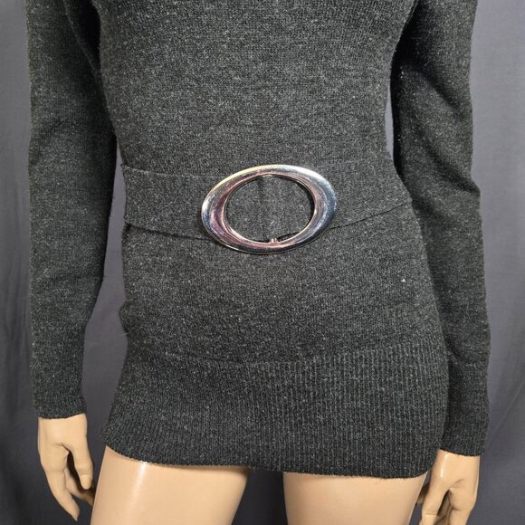 Y2K Gray Belted Sweater Size S Silver Oval Buckle Retro Mod Cowl Neck Fitted - Picture 2 of 10